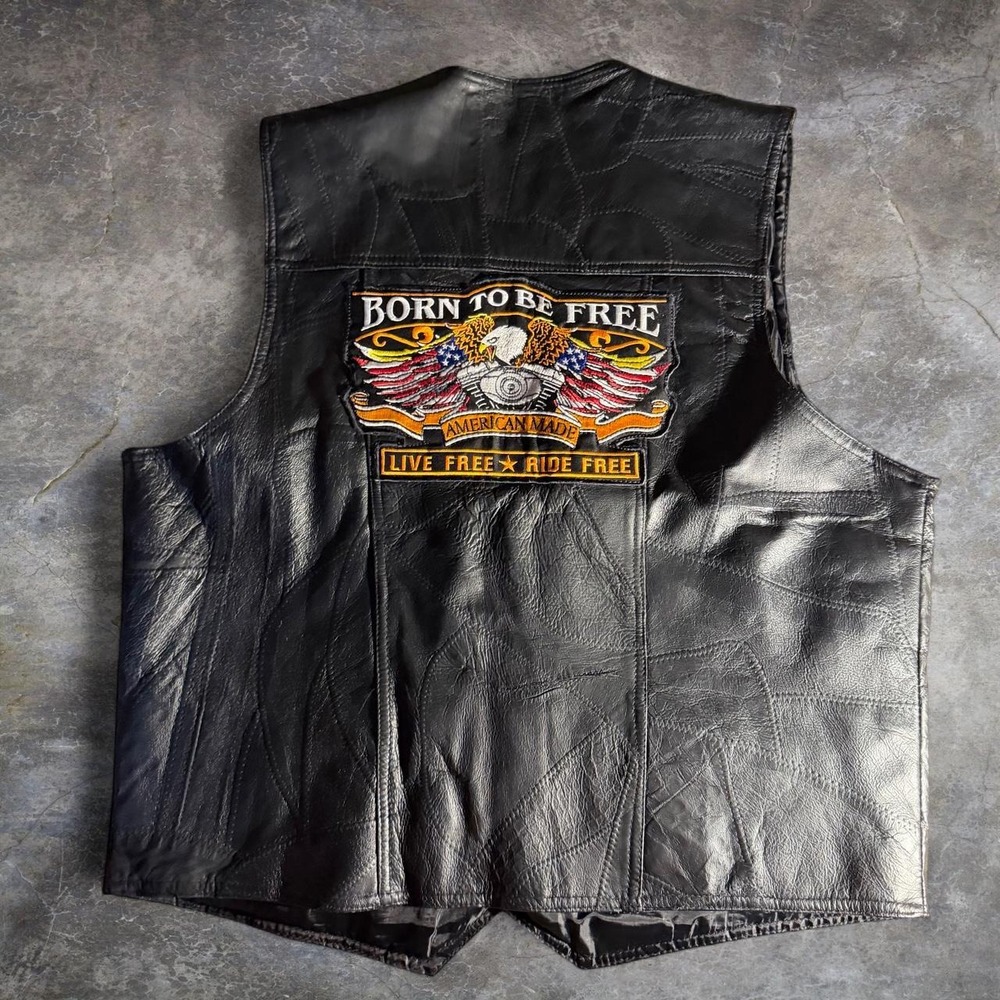 Navarre Leather Mens Black Genuine Leather Motorcycle Biker Vest Eagle Patch XL
